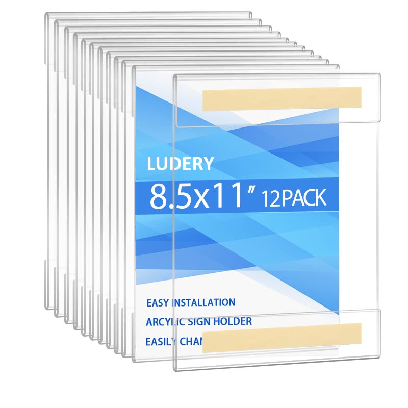 Ludery 8.5 x 11 Acrylic Sign Holder Wall Mount ,Wall Sign Menu Paper Holder with Double Side Tape Adhesive for Home, Office, Store, Restaurant (12 Pack) - Image 1